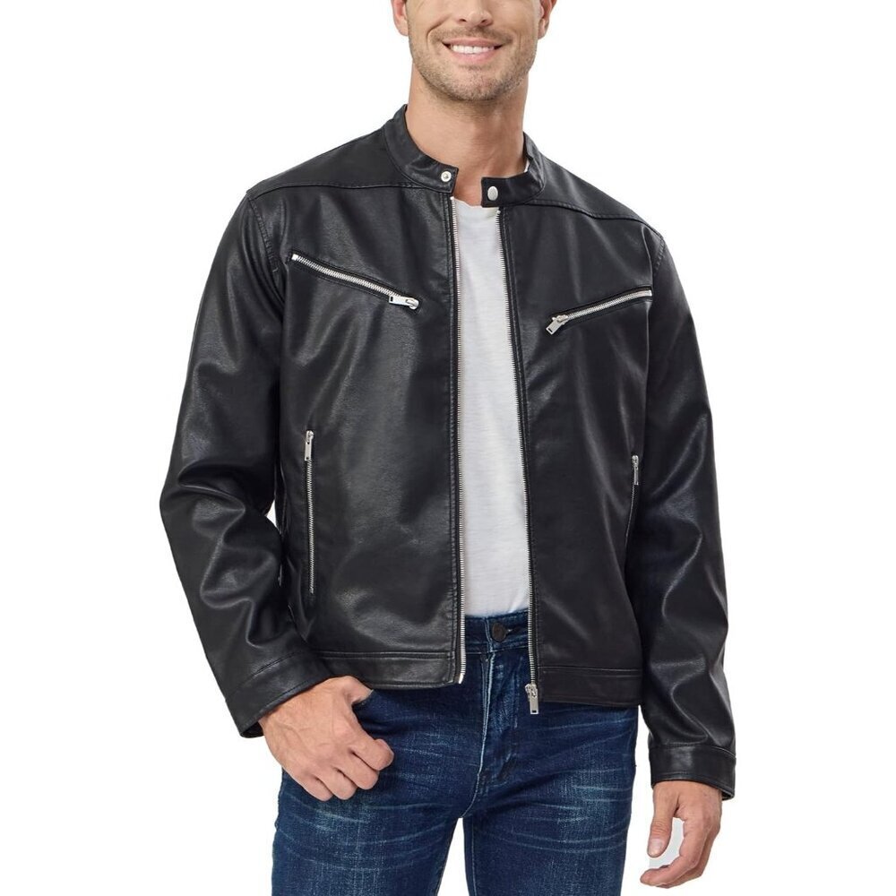🆕Men's Black Faux Leather Biker Slim Fit Motorcycle Bomber Zip Up Coat Jacket